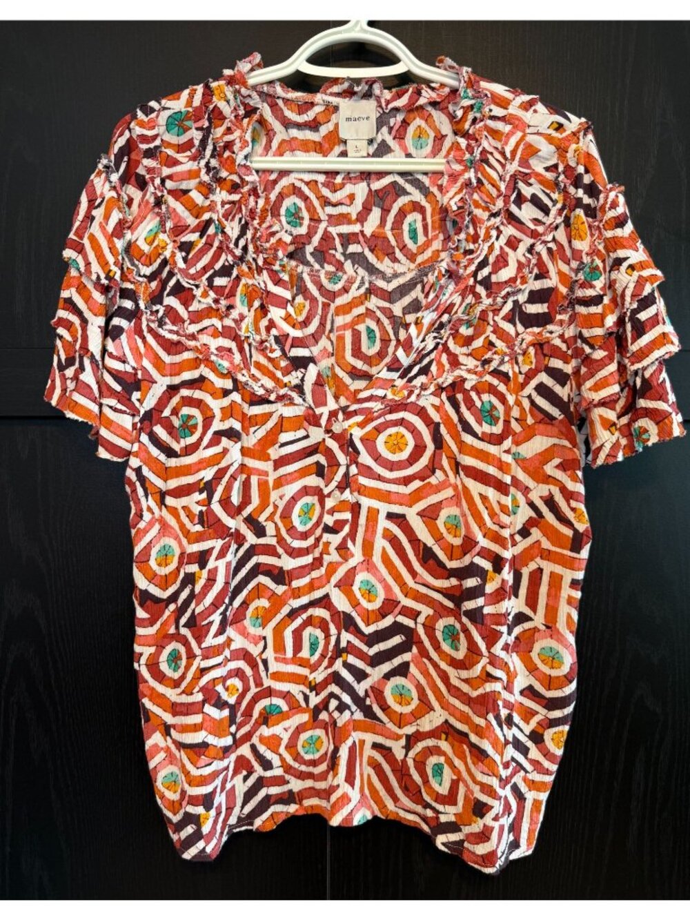 Maeve Anthropologie Short Sleeve Ruffle Colorful Print Peasant Blouse Large Boho